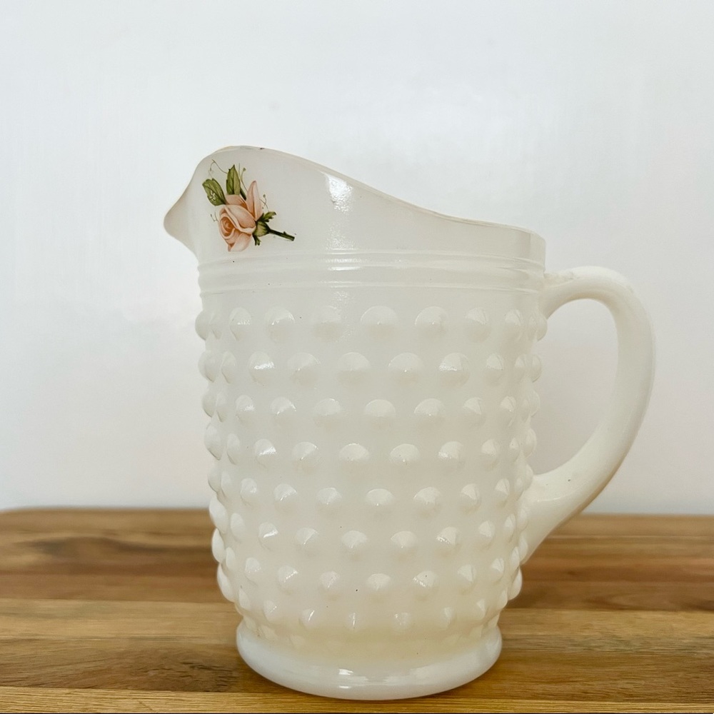 Vintage RARE Nor-so White Opaque Hobnail Milk Glass Pitcher with 24k Gold Rim